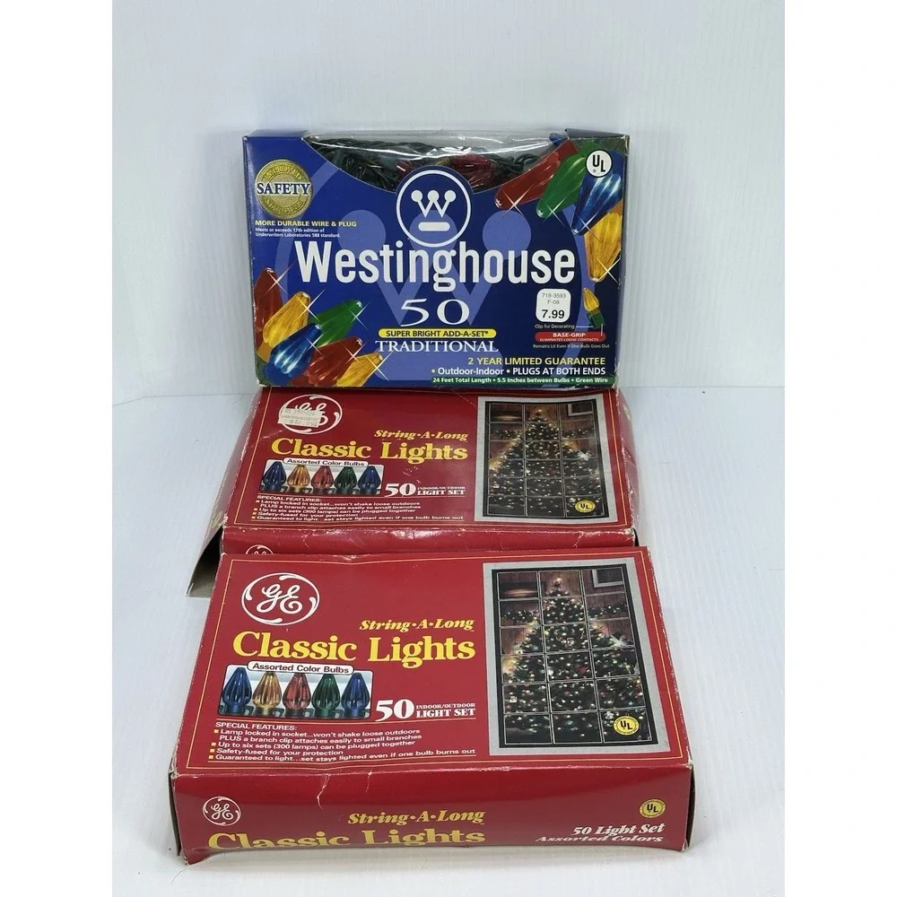 3 VTG Westinghouse GE String-A-Long Christmas 50 Assorted Colored Lights Tested